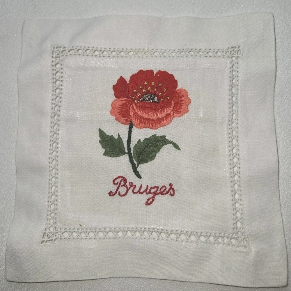 Vintage Bruges Belgium Lavender Sachet Wall Pocket Embroidered Linen Decor 6x6"‎